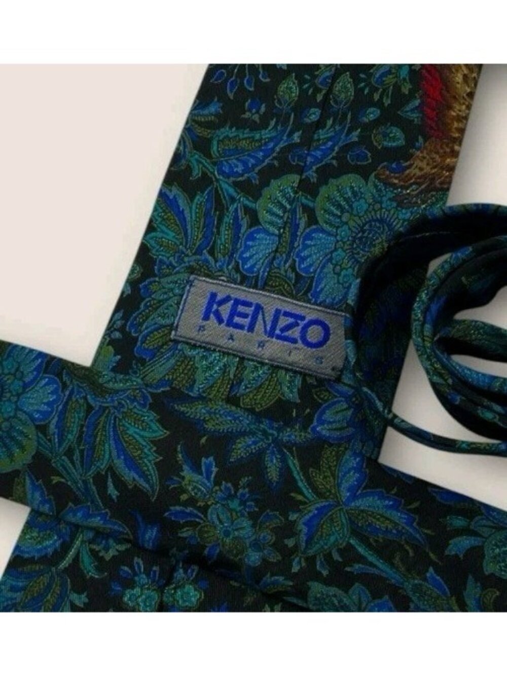 KENZO VINTAGE Silk Tie ITALY Black Blue Green Floral Bird W:3.2" EUC - Picture 2 of 6